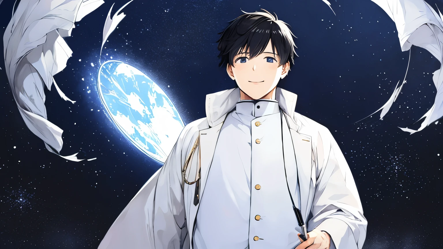 hashimoto_akihito, masterpiece, 1boy, solo, pov, black hair, blue eyes, short hair, a little bit overweight, a bit big belly, standing, smile, looking away, childish face, face focus, limbo, white pharmacist coat, space background
