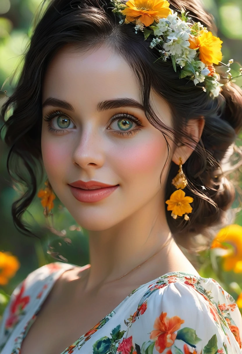 best quality, masterpiece,white hair, gold eyes,white clothes, looking up, upper body,hair strand,Fair skin,side braids Large chest,. Adorable, mature Woman,detailed big-eyed woman, round face. promenent red lips. Smileing,In the garden, large ass, wearing a cute floral sun dress. flower crown, Flower belt draped around waist. Picture from the side,looking at the scenes, intense colors, Very valuable details, complex details, volumetric lighting, digital art, 8k, trending on Artstation, Clear focus, complex details, highly detail, Greg Rutkowski Big Eyes, high-resolution, Black hair. Alison Brie., attractive chest, .Photorealistic. Confidence, self esteem, assertiveness, dominance. wide Amused smile. ecstastic expression.
