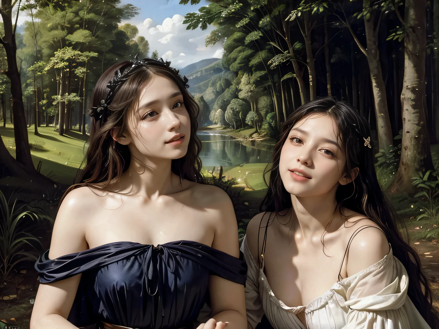 Giorgione painting style,Barbizon forest A beautiful woman in Greek dress smiles on the shore,Sweet and seductive appearance.、Caravaggio's paintings、Chiaroscuro of Caravaggio、hair tousled by the wind,Two women frolicking,cute smile, expression of ecstasy,Sexy,erotic, full body portrait