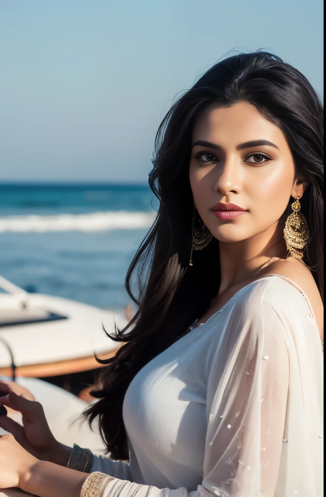 full portrait of A confident-looking indian woman with long flowing hair, hazel eyes, with flowing cape and white silk saree, wearing designer jewellery, tight breast, sitting on boat, ocean background, bokeh, perfect composition, hyperrealistic, super detailed, 8k, high quality, trending art, trending on artstation, sharp focus, outdoor photo shoot, intricate details, highly detailed, art by greg rutkowski