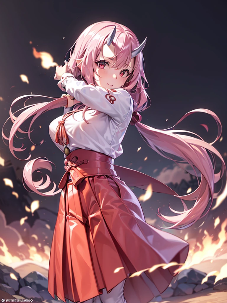 ShunaTensura, low-tied long hair, oni horns, miko, red hakama, tabi, (4k), profundidad de campo, (obra maestra), extremadamente detallado, intrincado, hiper detallado, bokeh, high resolution, sharp detail, mejor calidad, Sharp focus, Profesional, Sharp focus, galardonado, cinematic lighting, renderizado de octanaje, motor irreal, volumetric dtx, fondo de pantalla, chica, kimono rojo y blanco, ancho, cabello rosado, Ojos rosados, cuernos, relajante , blusa abajo, ((obra maestra)),(((mejor calidad))),((ultra detallado)),((ILLUSTRATION)), manos perfectas