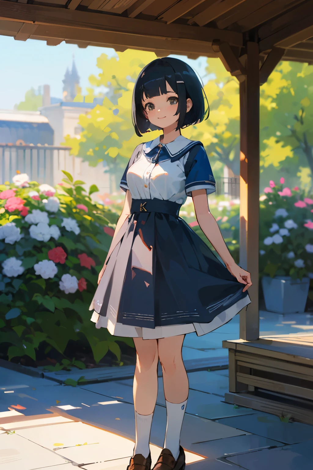(high quality, High resolution, Very detailed, reality:1.37), Peaceful atmosphere, (Outdoor, garden), Teenage girl standing alone, (my breasts are big.), Beautiful details, Cute Smile, (Black bob hair), Blue short-sleeved dress, White socks, loafers.