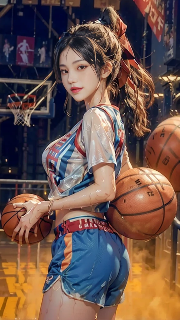 masterpiece: 1.2, best quality), Practical, (The real situation, Rich details, Depth of Field), (1 Girl, Solitary), Smile, Exquisite facial features, cosmetic, High Detail, Perfect face shape, (Large Breasts: 1.4), ( Skin dentition ), Thick thighs, Wide hips, Thin waist, High, coral, red lips, Red Eyes, Ponytail, ((Basketball Girls, Transparent blue striped basketball uniform)))), (Sweat: 1.2), (wet), Sexy, blush, Sweaty, (wet clothes: 1.1), (street: 1.3), shorts: 1.1, Highly detailed face and skin textures,
