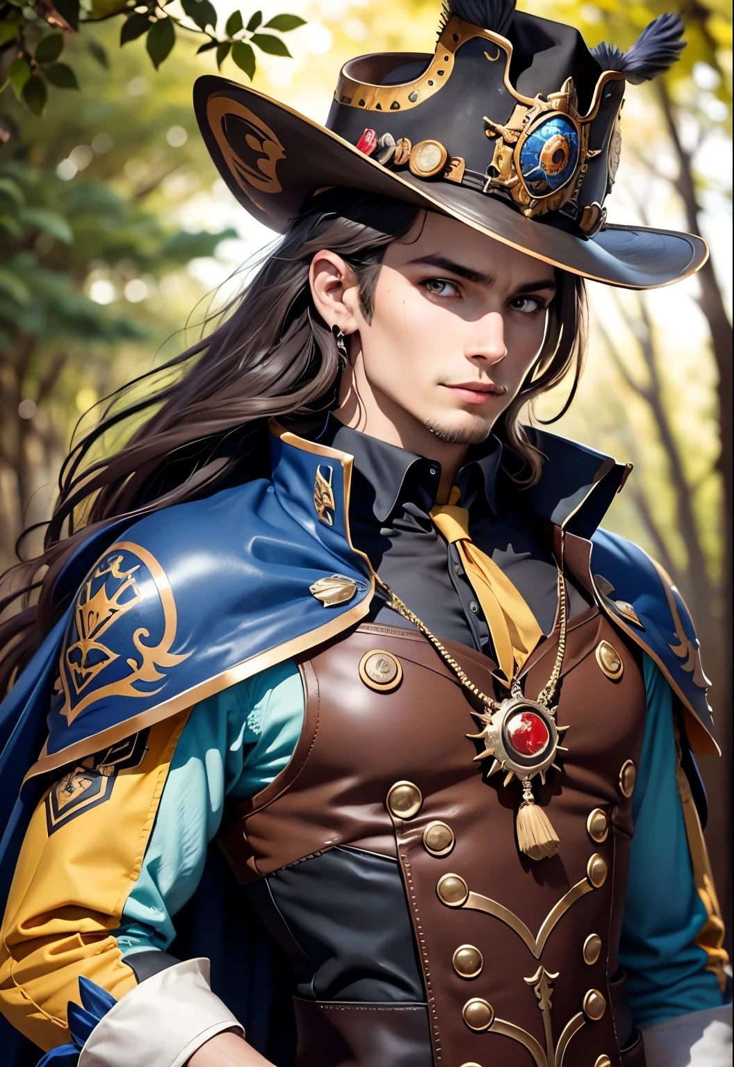 Nebur Belmont, Masterpiece, (Ultra Detailed), (Animal Anthropomorphism), pirate and steampunk Theme, Cat, Handsome, en pose de lucha,, atletic body, Cabello naranja , ojos dorados, Police costume, Police hat , en bosque majestuoso con cascadas , lluvioso , Mariposas ((Bokeh ligero)), intrincado, (acero metal [reposo]), elegante, sharp focus, , Soft lighting, colores vibrantes, (Obra maestra), ((bosque)), (Cara detallada), vendimia, dynamic，, cuerpo completo, small smile, Cabello largo, Cara voluble, Perfect anatomy,Cara ruda, Impeccable art line, acuarela, colored pencils, alta calidad, detalle,