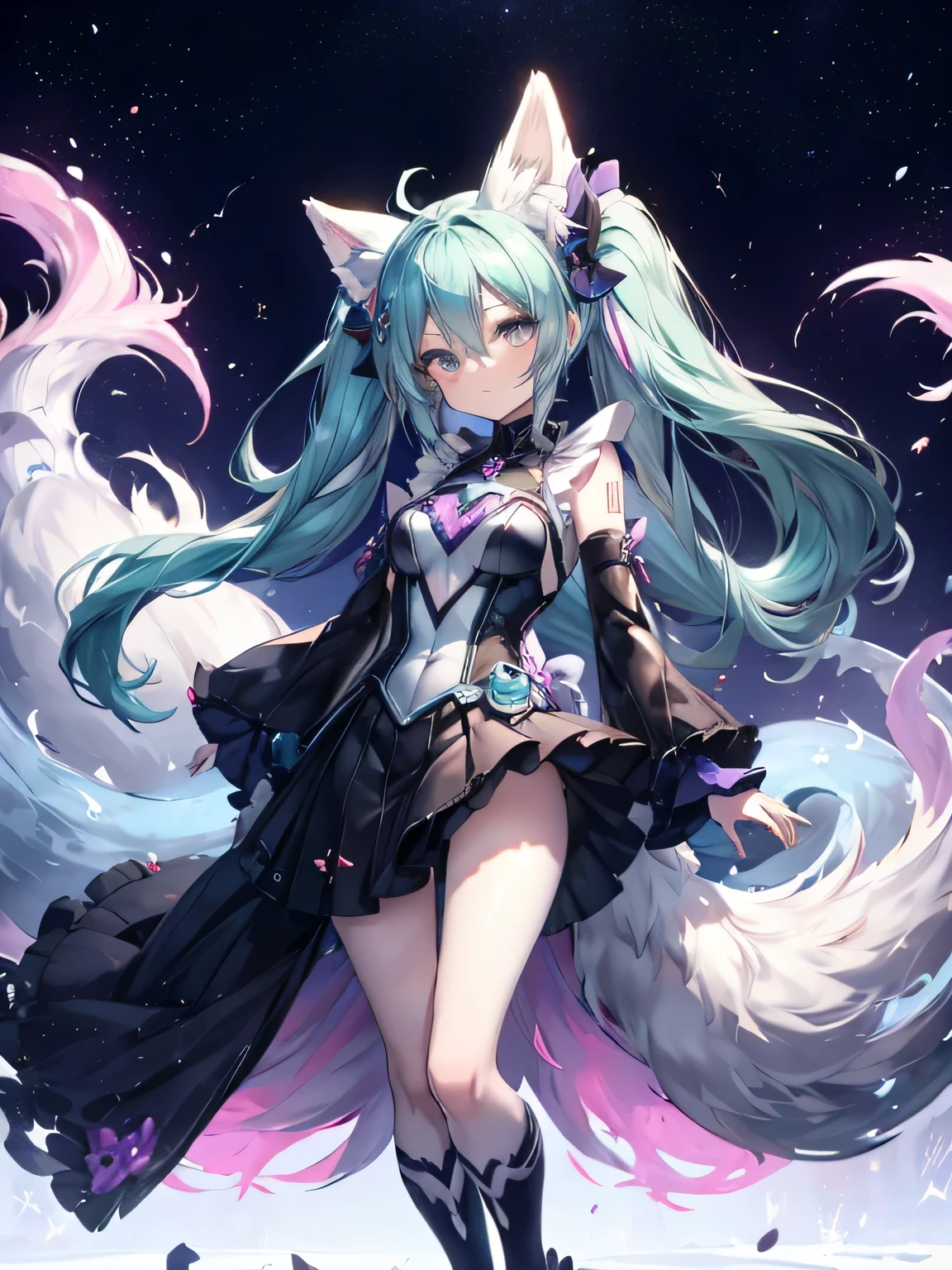 Hatsume miku x suicune , kitsune ears, art by dark natasha, jardin zen, art by dark natasha, art by vixen aztra, cuerpo completo, platas hermosas, cintura delgado, caderas amploas, piernas torneadas, hermosa, fullbody picture, recostada en una cama, mirada coqueta al expectador, standing ((upper leg coquetamente)), HD face