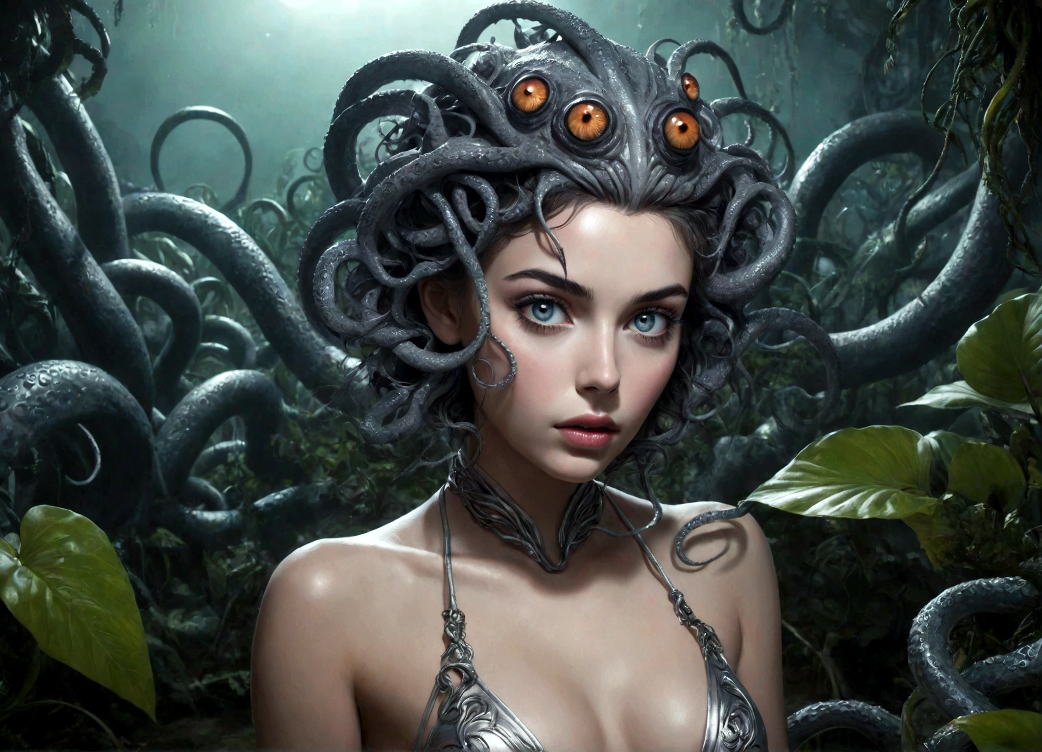 1 girl in a silver sexy exploration bikini, gorgeous woman, beautiful detailed eyes, beautiful detailed lips, extremely detailed eyes and face, long eyelashes, tentacle vines, alien landscape, man-eating plants, 50s sci-fi, cinematic lighting, dark moody atmosphere, vivid colors, photorealistic, highly detailed, 8k, best quality, masterpiece