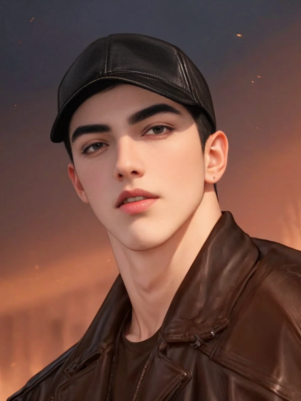 masterpiece, 1boy, young, handsome, black hair, undercut hair, hat, leather jacket, perfect face, detailed eyes and face,black eyes, clean shaved, muscular, capturing a rural atmosphere, dynamic lighting, unreal engine 5