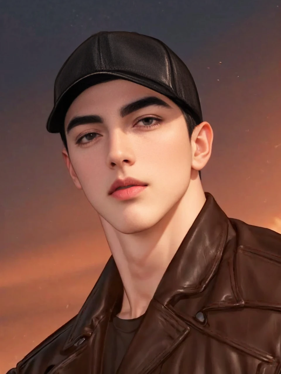 masterpiece, 1boy, young, handsome, black hair, undercut hair, hat, leather jacket, perfect face, detailed eyes and face,black eyes, clean shaved, muscular, capturing a rural atmosphere, dynamic lighting, unreal engine 5