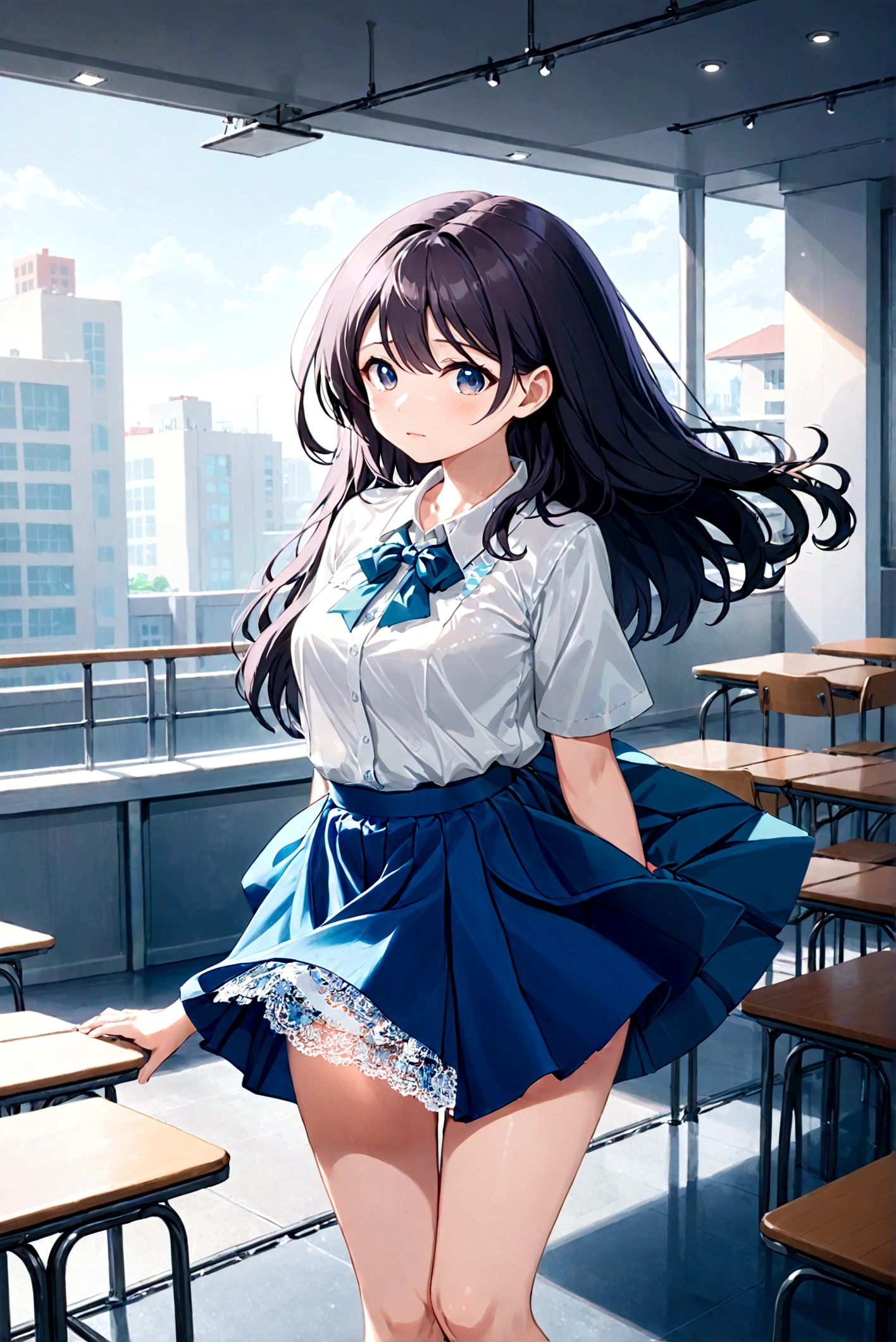 A skirt puffed up by the strong wind、、Skirt that is flipped、Trailing behind、
The lining is visible 、White lace lining、White cotton panties are visible、Crotch is visible
