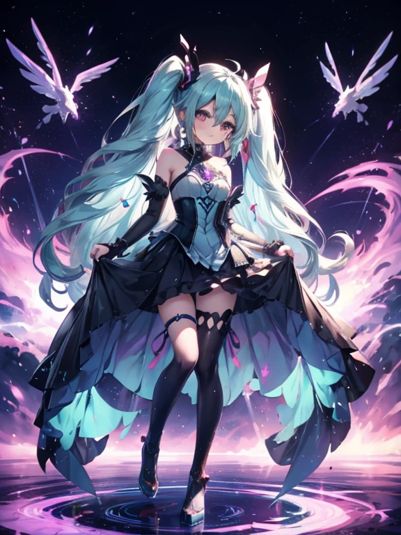 Hatsume miku x suicune ,ojos hermosos,art by dark natasha, jardin zen, art by dark natasha, art by vixen aztra, cuerpo completo, platas hermosas, cintura delgado, caderas amploas, piernas torneadas, hermosa, fullbody picture, recostada en una cama, mirada coqueta al expectador, standing ((upper leg coquetamente)), HD face