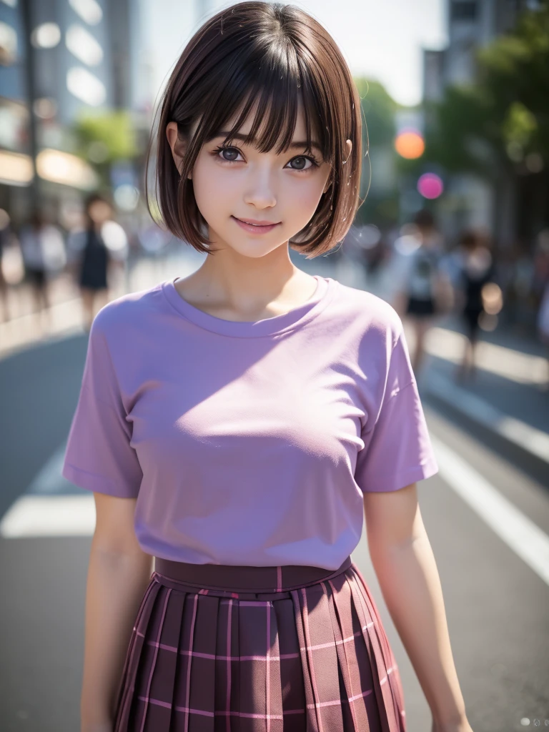 (8k, RAW Photos, highest quality, masterpiece:1.2), (Realistic, photo-Realistic:1.4), (Highly detailed 8k wallpaper), ((Full Body Shot)), (1 girl), Sharp focus, Depth of written boundary, Cinematic lighting, Soft Light, 緻密な美しさのeye, eye_Chan, Very beautiful old girl, innocent big eyes, Realistic, photo Realistic, Highly detailed cute girl, (Thin thighs), (Model Body Type), 18-year-old, (Casual short sleeve t-shirt), (Purple and pink checkered micro mini pleated skirt), (smile), Parted lips, Watching the audience, (On the streets of Tokyo) , (Brown Hair),(Short Bob Hair), (Asymmetrical bangs)