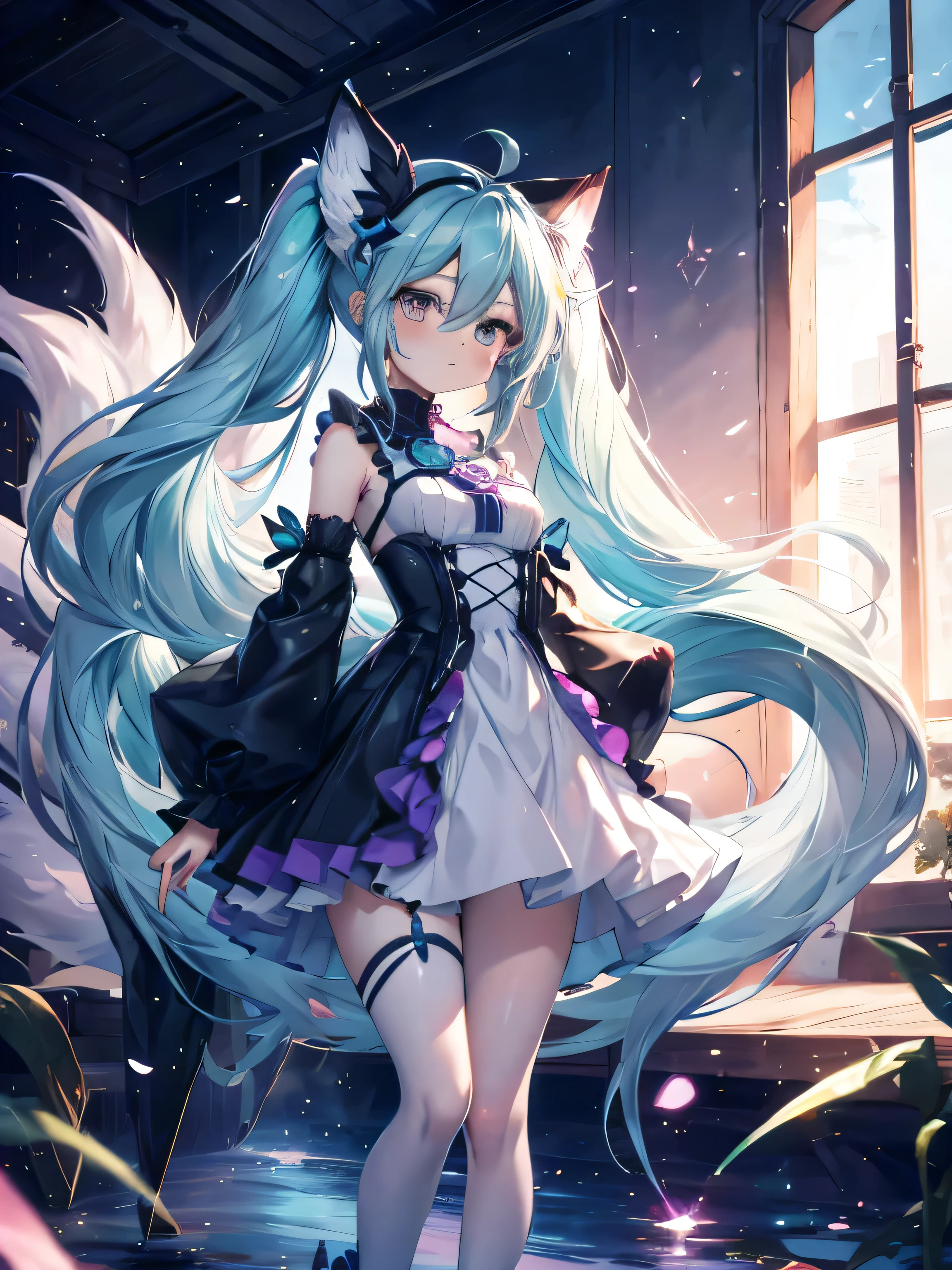 Hatsume miku x suicune , kitsune ears, art by dark natasha, jardin zen, art by dark natasha, art by vixen aztra, cuerpo completo, platas hermosas, cintura delgado, caderas amploas, piernas torneadas, hermosa, fullbody picture, recostada en una cama, mirada coqueta al expectador, standing ((upper leg coquetamente)), HD face