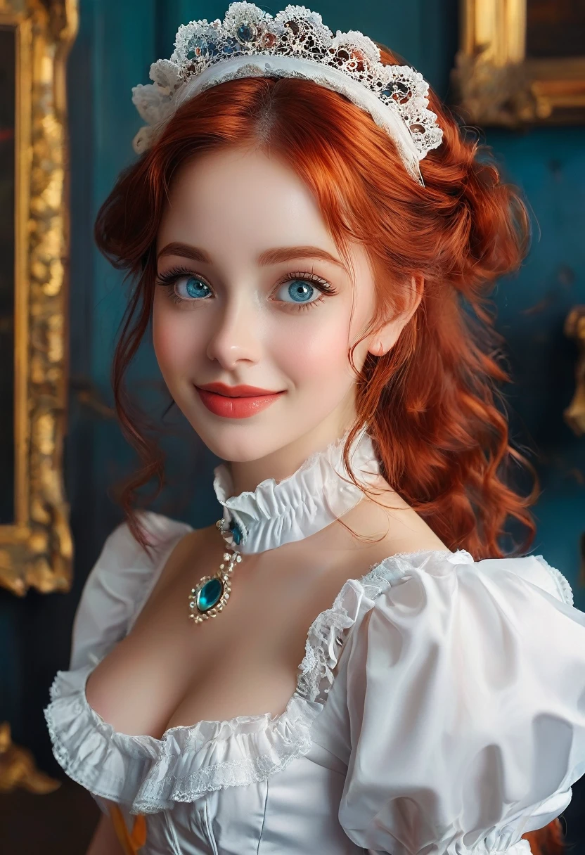 A pretty maid. best quality, masterpiece, red hair, sky blue eyes, wearing a steriotypical French maid outfit, (headdress、white blouse、black ribbon、White Apron、ruffle skirt、puff sleeves、collar、choker、apron with fine ruffles:1.3)、black maid costume). looking up, upper body,hair strand,Fair skin, Large chest,. Adorable, mature Woman,detailed big-eyed woman, round face. promenent red lips. Smileing,In the mansion library, large ass, Picture from the side,looking at the scenes, intense colors, Very valuable details, complex details, volumetric lighting, digital art, 8k, trending on Artstation, Clear focus, complex details, highly detail, Greg Rutkowski Big Eyes, high-resolution, red hair. Ellie Bamber., attractive chest, .Photorealistic. Confidence, self esteem, assertiveness, dominance. wide Amused smile. Sultry expression. , Cleavage. Perky bosum.