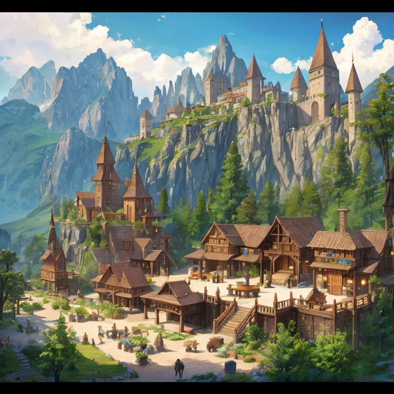 Simple fantasy mountains and rivers detail square center town hall poverty medieval