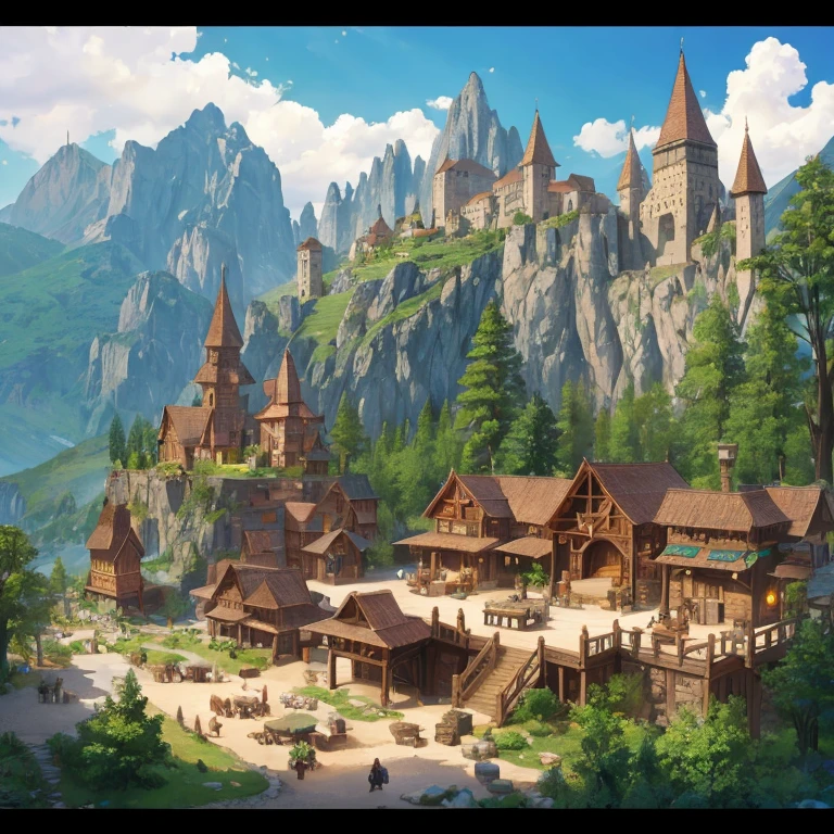 Simple fantasy mountains and rivers detail square center town hall poverty medieval