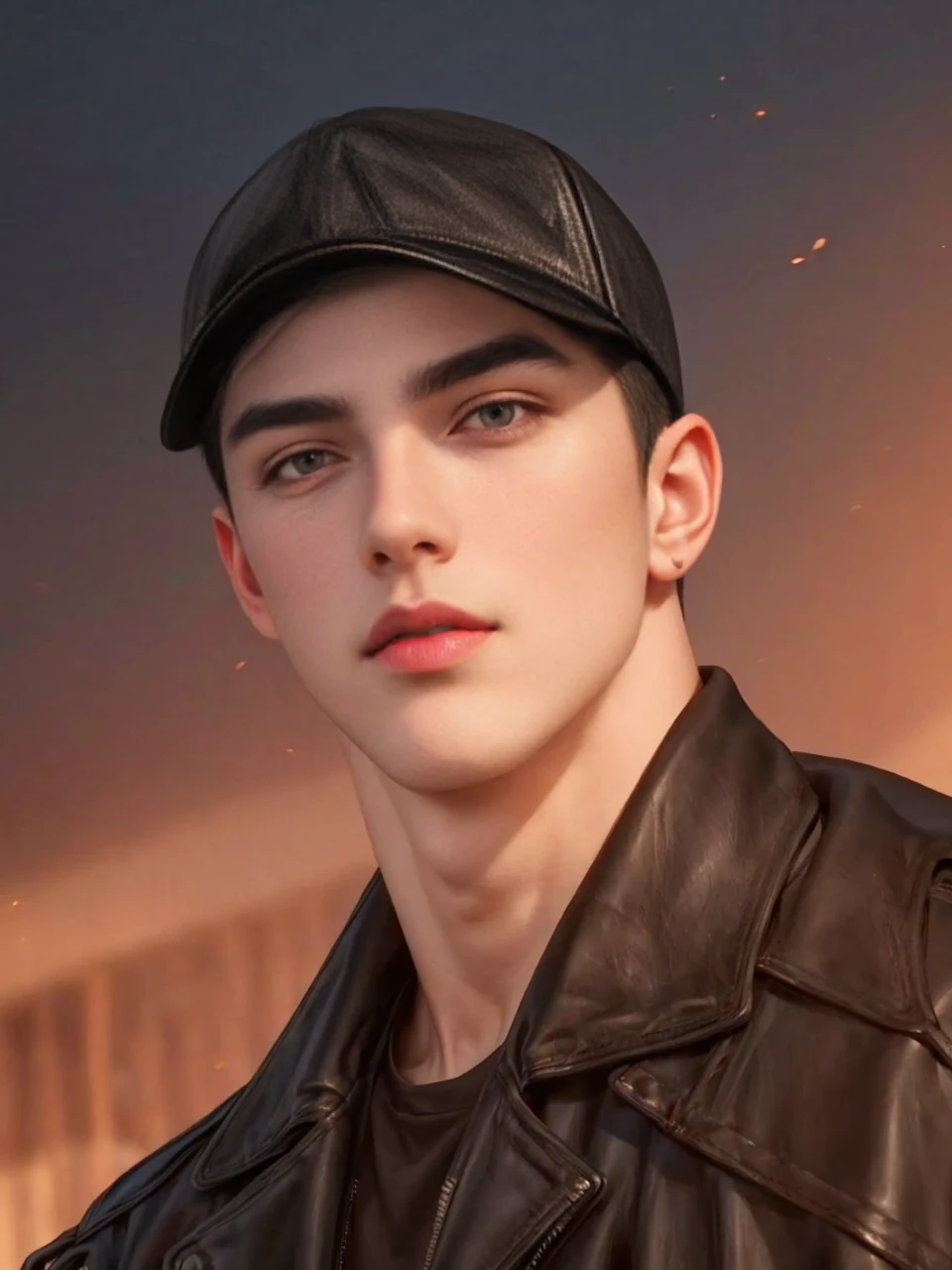 masterpiece, 1boy, young, handsome, black hair, undercut hair, hat, leather jacket, perfect face, detailed eyes and face,black eyes, clean shaved, muscular, capturing a rural atmosphere, dynamic lighting, unreal engine 5
