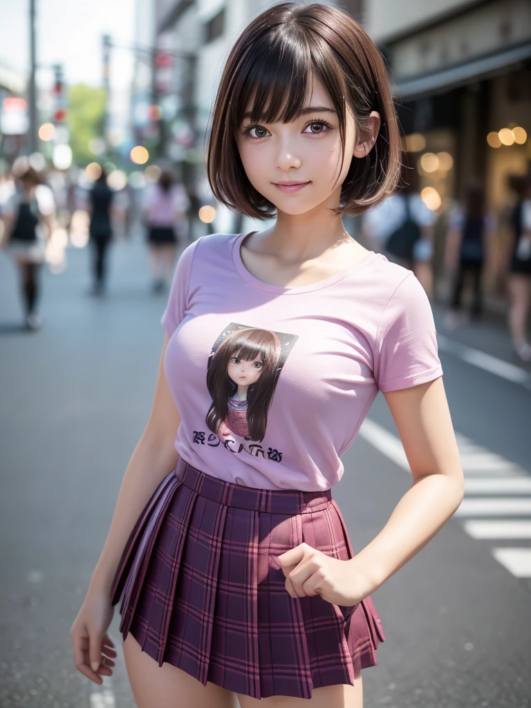 (8k, RAW Photos, highest quality, masterpiece:1.2), (Realistic, photo-Realistic:1.4), (Highly detailed 8k wallpaper), ((Full Body Shot)), (1 girl), Sharp focus, Depth of written boundary, Cinematic lighting, Soft Light, 緻密な美しさのeye, eye_Chan, Very beautiful 17 year old girl, innocent big eyes, Realistic, photo Realistic, Highly detailed cute girl, (Thin thighs), (Model Body Type), 18-year-old, (Casual short sleeve t-shirt), (Purple and pink checkered micro mini pleated skirt), (smile), Parted lips, Watching the audience, (On the streets of Tokyo) , (Brown Hair),(Short Bob Hair), (Asymmetrical bangs)