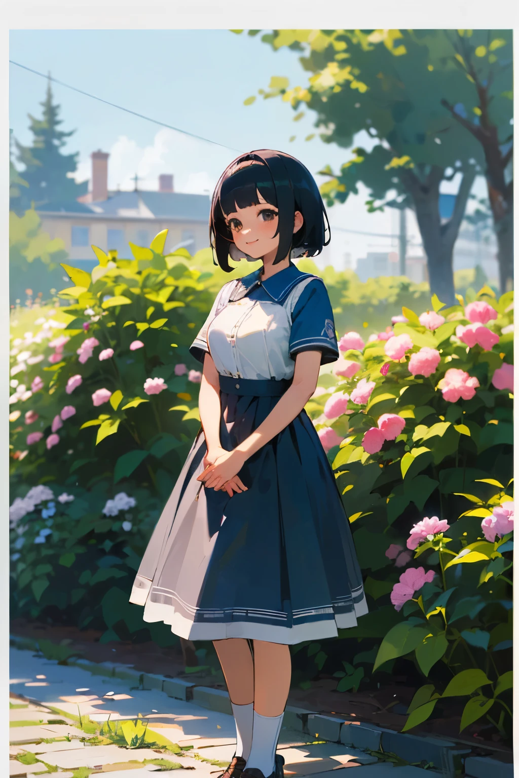 (high quality, High resolution, Very detailed, reality:1.37), Peaceful atmosphere, (Outdoor, garden), Teenage girl standing alone, (my breasts are big.), Beautiful details, Cute Smile, (Black bob hair), Blue short-sleeved dress, White socks, loafers.