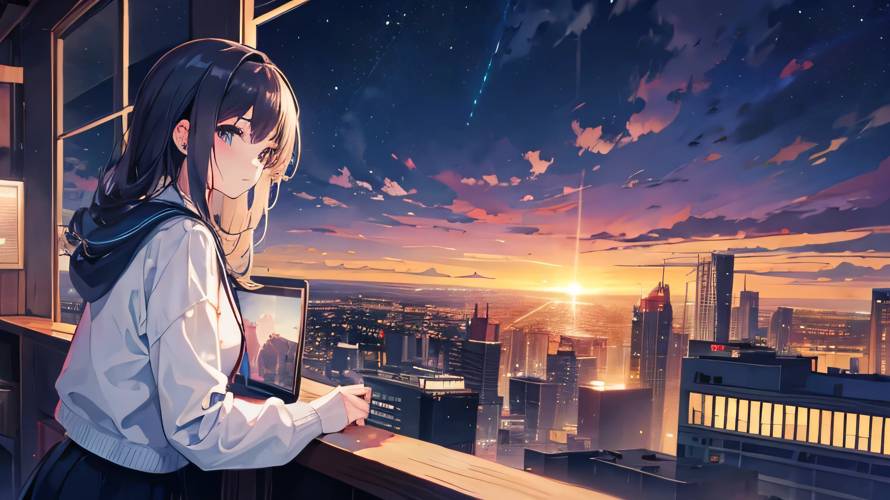 Girl looking at the night view, listening to music