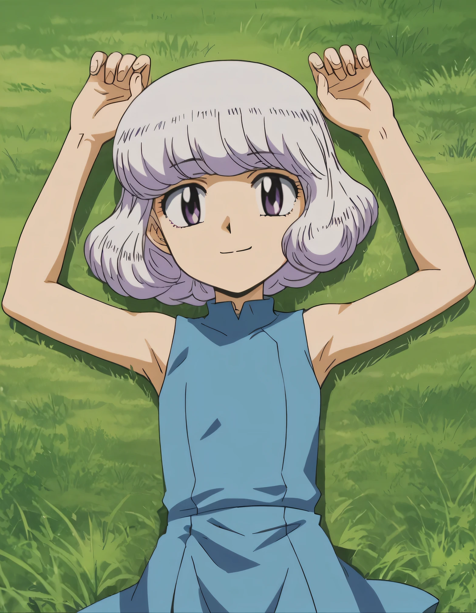 anime screencap, flat shadows BREAK shiho sannomiya, looking at viewer, closed mouth, solo, lying, on back, arms up, spread arms, on grass, looking at viewer, best quality, smile, (cowboy shot:1.5), sleeveless,