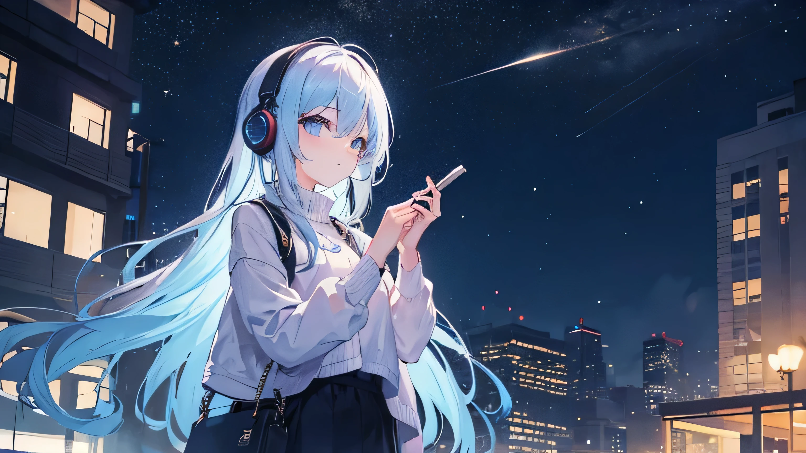 Girl looking at the night view, listening to music