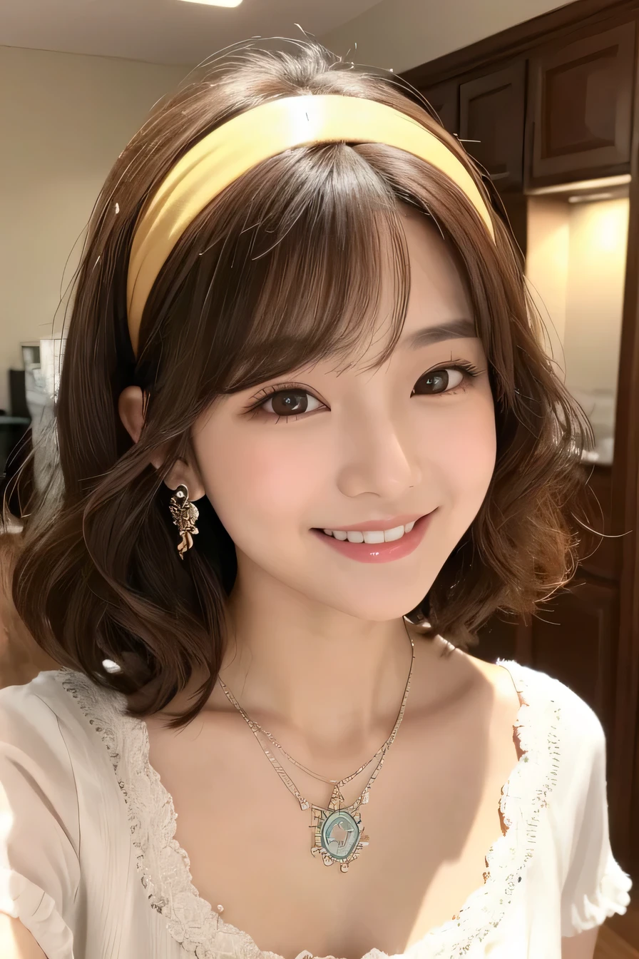 young woman、 Korean women、Light brown hair、Wavy Hair、short hair、ear piercing、Necklace around the neck、blouse、smile, Beautiful teeth alignment、hair band、Intricate details, Very detailed:1.2), 、 Looking into the camera,The background is in the room

