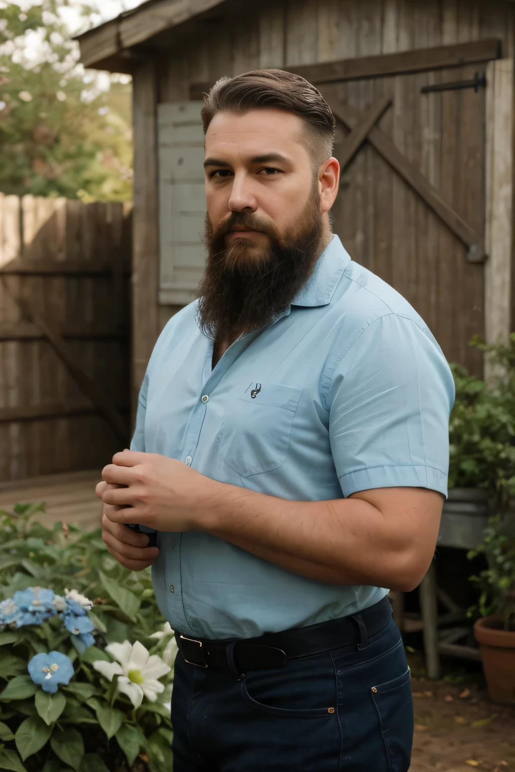 52 year old fatherly figure, in front of a shed, green-blue iris, well-groomed beard, short crop haircut, hyperrealistic, photo-realistic, 8k, best quality, masterpiece, extremely detailed, intricate details, natural lighting, warm tones, cinematic