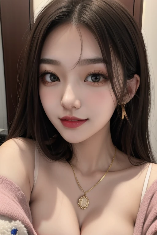 1 girl, 19 years old, south korean, 4k, masterpiece, soft skin, multiple frekles under eyes, long whavy brown hair, pink eyes, red lips, red eyeliners, massively large breast, off shoulder pink top, tattoo on the neck, gold jewels, gold necklase, happy, big smile, portrait, close shot, detailed face, facing camera.