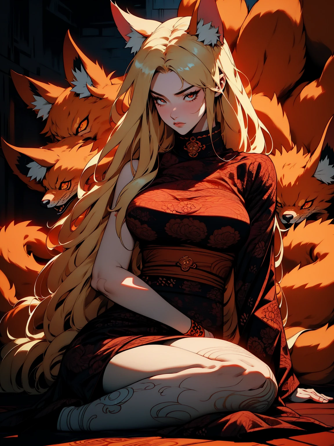 REALISTIC VISION 1.4, BETTER VAE,sharp focus, ultra detail, 32k,realistic photo, intricate details, kitsune, blond hair, (blond hair), orange eyes, intricate details ,woman, nine tails, intricate details,intricate details,big , Voluptuous body, intricate details, Miko, clothes long white dress with red details intricate details, tattoos intricate details, full body, with a orange nine tails fox , kiuubi (kurama, naruto), angry face, sitting on the ground
