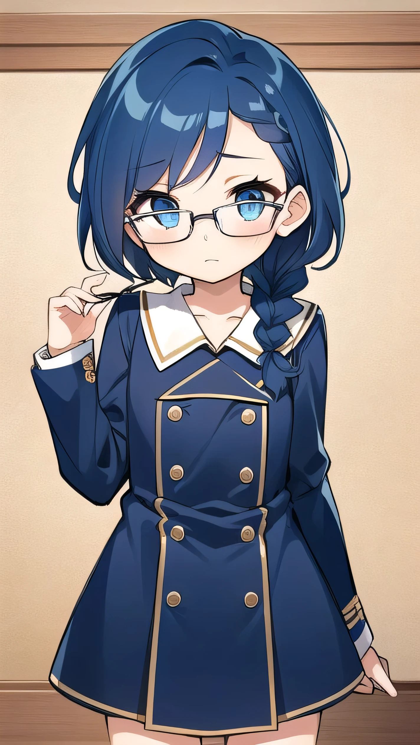 small breasted girl, short, 12 years old, blue hair, single braid, blue eyes, round eyes, shy, shy, , short, young face, short height, , glasses with no edges,flat chest,