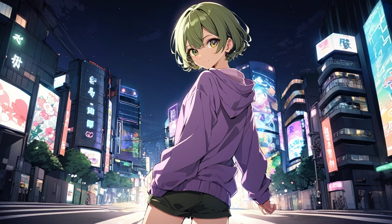 SOLO, mischievous, anime, looking at the camera,16years old, olive color hair, TOKYO city, fashion model posing, olive color eyes, purple Sweatshirt, night, upturned eyes, cowboy shot, very short hair, slim, shorts, looking back