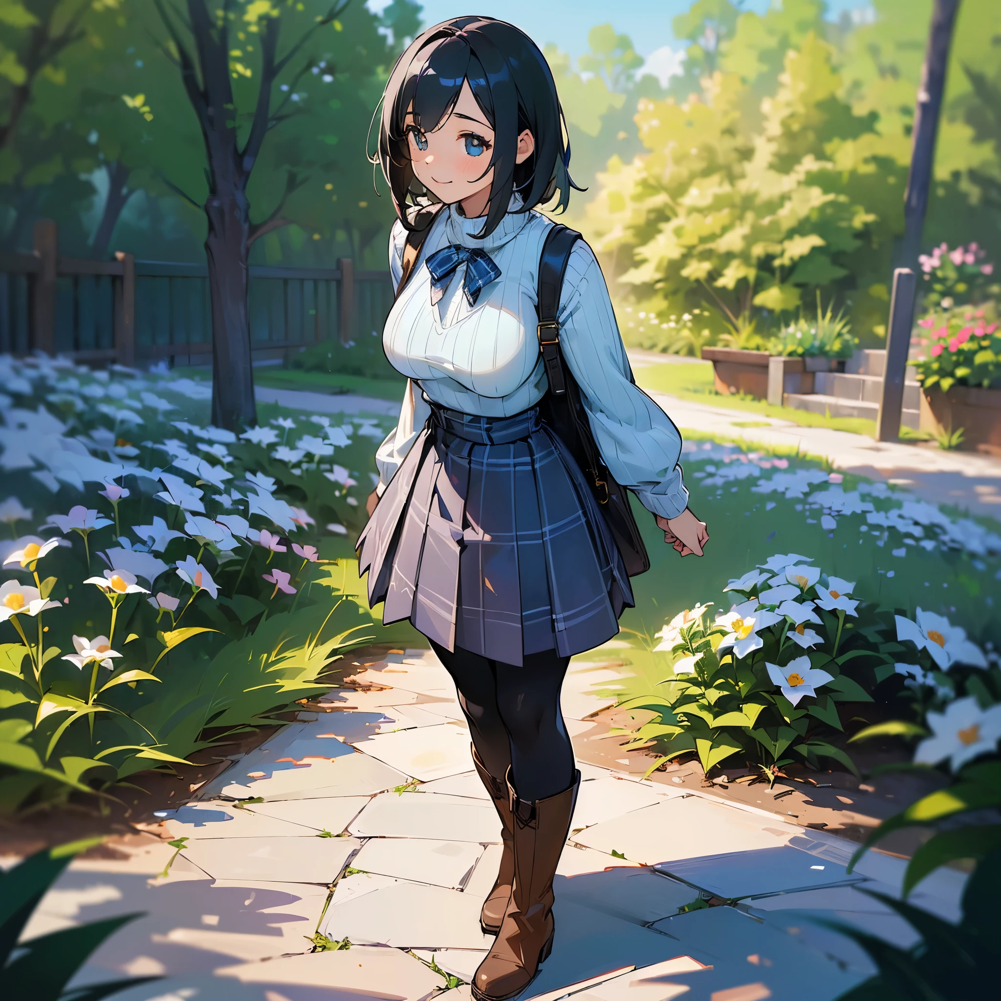 (high quality, High resolution, Very detailed, reality:1.37), Peaceful atmosphere, (Outdoor, garden), Teenage girl standing alone, (my breasts are big.), Beautiful details, Cute Smile, (Black bob hair), Ribbed sweater, Blue plaid skirt, Black tights, Brown boots.