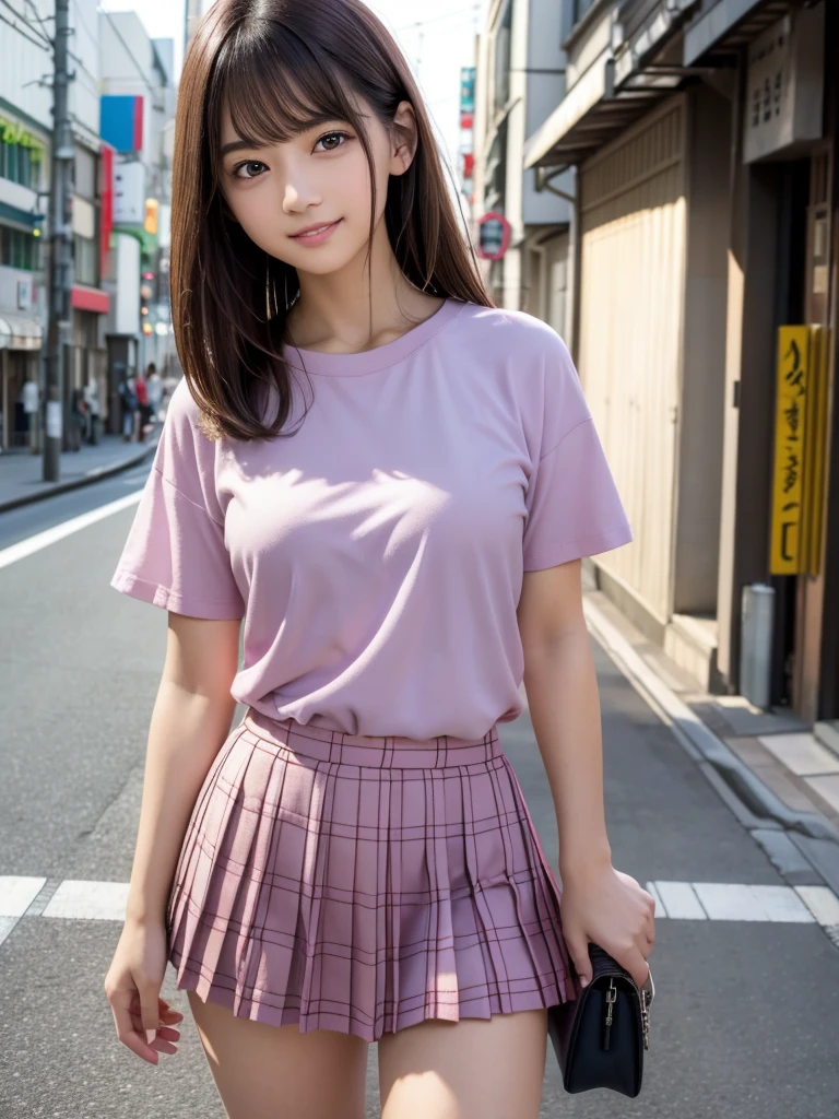 (8k, RAW Photos, highest quality, masterpiece:1.2), (Realistic, photo-Realistic:1.4), (Highly detailed 8k wallpaper), ((Full Body Shot)), (1 girl), Sharp focus, Depth of written boundary, Cinematic lighting, Soft Light, 緻密な美しさのeye, eye_Chan, Very beautiful 17 year old girl, innocent big eyes, Realistic, photo Realistic, Highly detailed cute girl, (Thin thighs), (Model Body Type), 18-year-old, (Casual short sleeve t-shirt), (Purple and pink checkered micro mini pleated skirt), (smile), Parted lips, Watching the audience, (On the streets of Tokyo) , (Brown Hair),(Short Bob Hair), (Asymmetrical bangs)