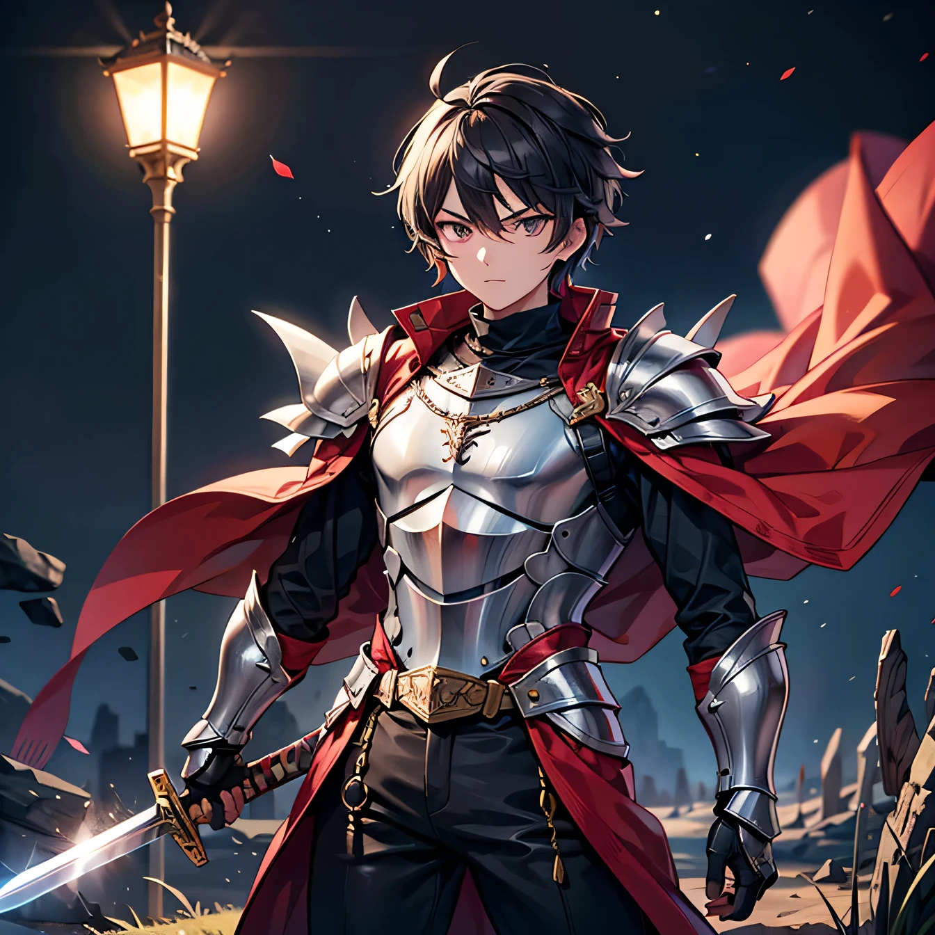 Anime art style,highest quality,High resolution,Anatomically correct,One Man,good looking,20th Generation,Black Hair,Dark Eyes,Very detailed,Fantasy worldview,Spiky Hair,Spiky Hair,Brave,Slim figure,Red long coat,Metal breastplate,Simple armor,Black trousers,Plains at night,Serious expression,Lifted eyes,Sharp Eyes,Holding a long sword,8K