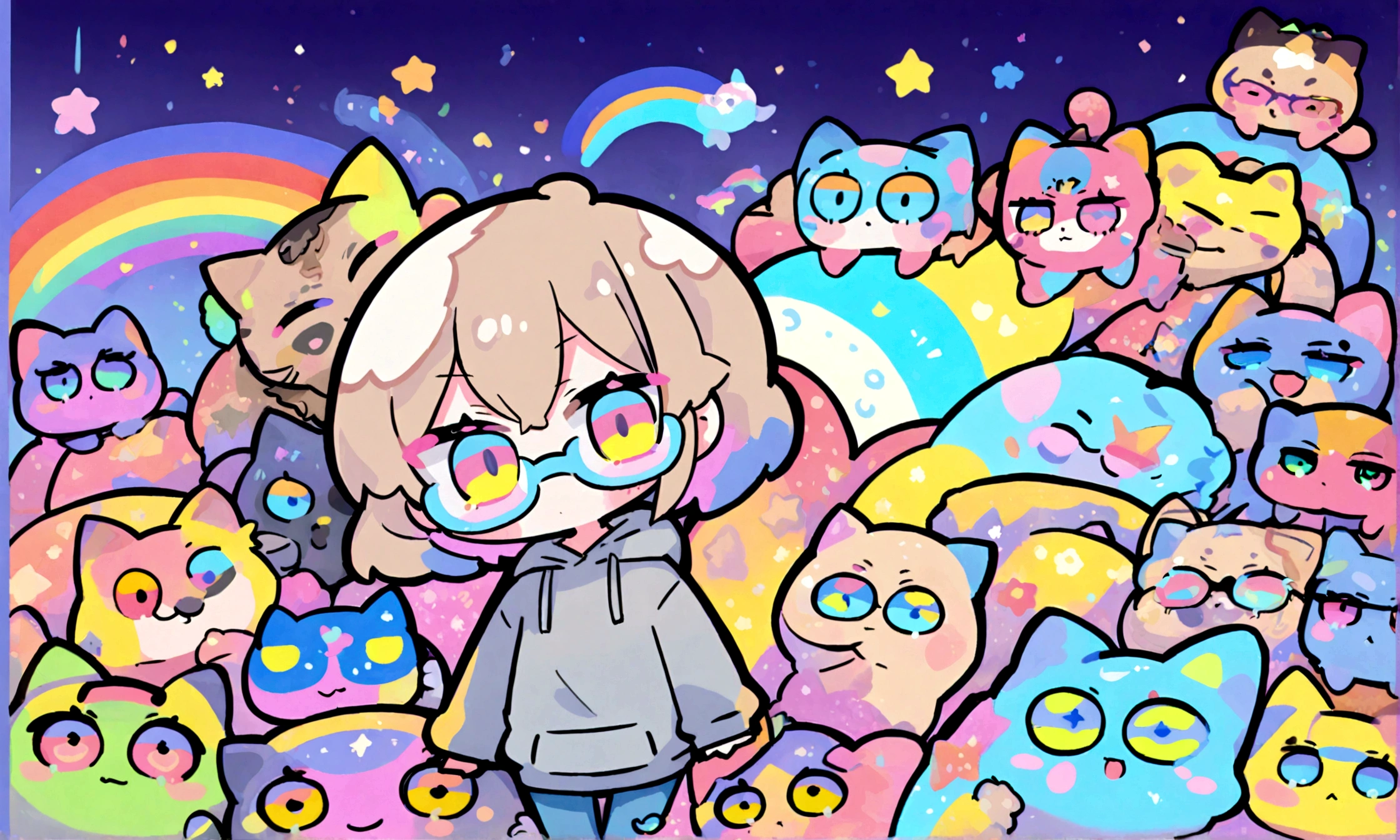 a cute chibi style adult female with light brown short hair, wearing a grey hoodie with a rainbow on it and jeans, wearing glasses, has a very colorful star laden backround with mutiple blue shades of hombre colors, cute rainbow kitties all over the place