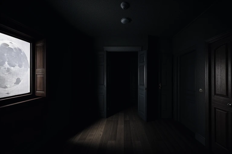 You can create a first-person perspective image with the following description: you find yourself in a dark room, the moonlight shines little through the window, hay un cadaver en una esquina junto a una pala y una cuerda, hay una puerta al este