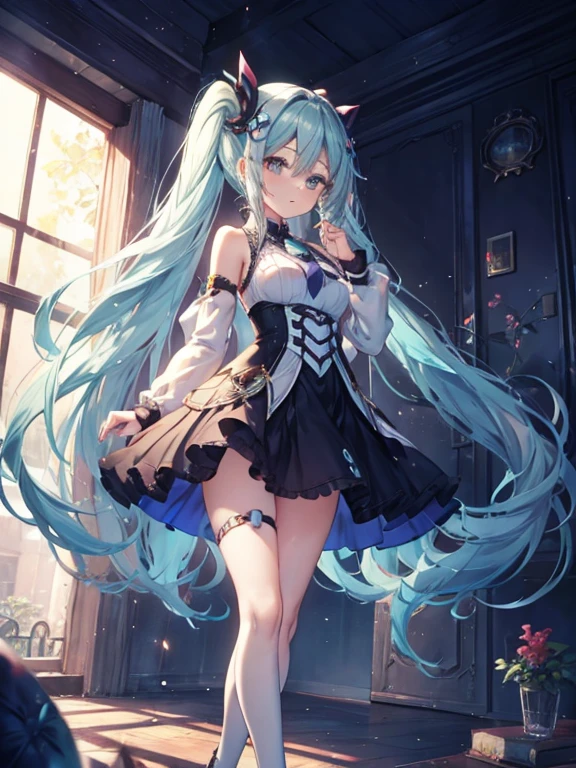 Hatsume miku x suicune ,ojos hermosos ((alta definicion)),art by dark natasha, jardin zen, art by dark natasha, art by vixen aztra, cuerpo completo, platas hermosas, cintura delgado, caderas amploas, piernas torneadas, hermosa, fullbody picture, recostada en una cama, mirada coqueta al expectador, standing ((upper leg coquetamente)), HD face