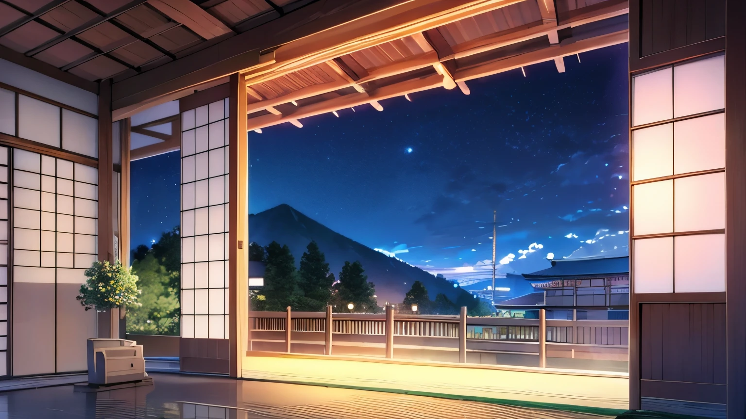 Japanese Style Museum at Night、You can see the starry sky from the window