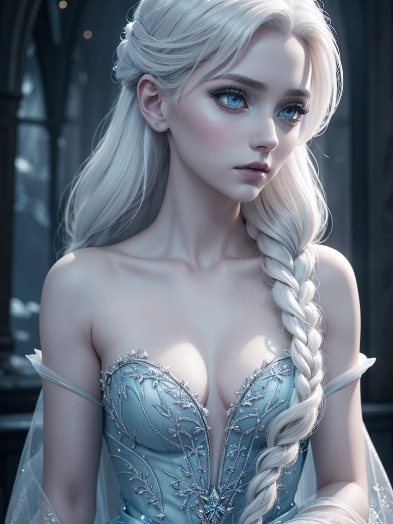 1girl, Elsa of frozen, tim burton style, beautiful detailed eyes, beautiful detailed lips, extremely detailed face and features, long eyelashes, porcelain doll skin, white platinum blonde hair, ice blue dress, ice crystal details, whimsical, surreal, gothic, dark fantasy, moody lighting, cinematic, unreal engine, ray traced, 8k, photorealistic, dramatic lighting, muted color palette