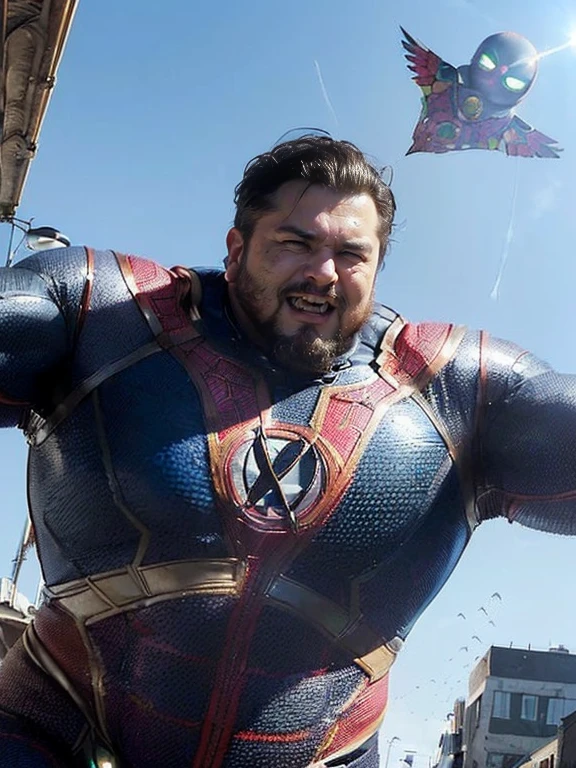  Realistic， ((Full body photo)),Handsome face, male old idade 62，(( (best quality,ultra-detailed),realistic,studio lighting,photography,(chubby,plump) men with (big,fat) guts, hair and beard,🍀Only plump, chubby, extremely thick thighs, large belly, fat, (((highest quality))),masterpiece,1 male,((old daddy Chubby man, 58 years old)),((barbudo grande )),detailed face,stylized modern,(modern animated movie poster)),(superhero invincible),Geometric pattern,very delicate,movie poster_white frame, broad downtown city, open city sidewalk, (average body normal skrawny frame),(averageblack hair), (generic costume), ((friendly good guy smile) downtown daytime,overlay,SF,A scene from a marvel movie,tattoo,American comic book style (invincible superhero)) ((friendly facial expression)) ((Flying in the sky )).
((((looking at the watcher))))