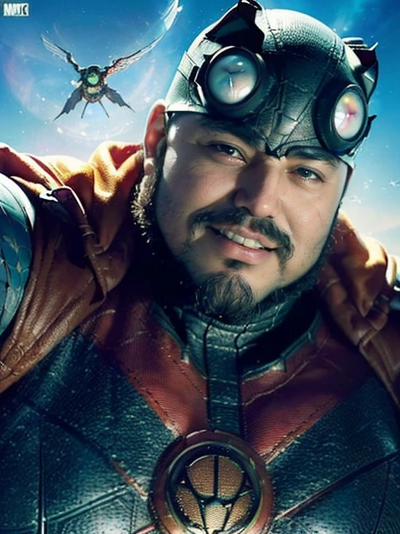 Realistic, ((Full body photo)),Handsome face, male old idade 62,(( (best quality,ultra-detailed),realistic,studio lighting,photography,(chubby,plump) men with (big,fat) guts, hair and beard,🍀Only plump, chubby, extremely thick thighs, large belly, fat, (((highest quality))),masterpiece,1 male,((old daddy Chubby man, 58 years old)),((barbudo grande )),detailed face,stylized modern,(modern animated movie poster)),(superhero invincible),Geometric pattern,very delicate,movie poster_white frame, broad downtown city, open city sidewalk, (average body normal skrawny frame),(averageblack hair), (generic costume), ((friendly good guy smile) downtown daytime,overlay,SF,A scene from a marvel movie,tattoo,American comic book style (invincible superhero)) ((friendly facial expression)) ((Flying in the sky )).
((((looking at the watcher))))
