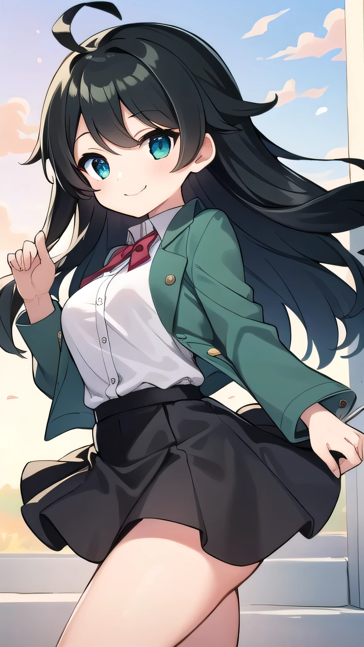 Junior high school student who looks like an elementary school student, 14 years old, very short, 140 cm tall, black hair with a slight green tinge, short ahoge, beautiful long hair but with a little hair sticking out, beautiful round eyes, blue eyes, smile, boyish, long sleeves, Thick clothes, skirt, big breasts, hair longer than waist, long hair, childish face, gentle smile, a little shy, black skirt, black hair with a slight green tinge, boyish, gentle smile, jacket one size larger, ( Deep greenish black hair: 1.3)