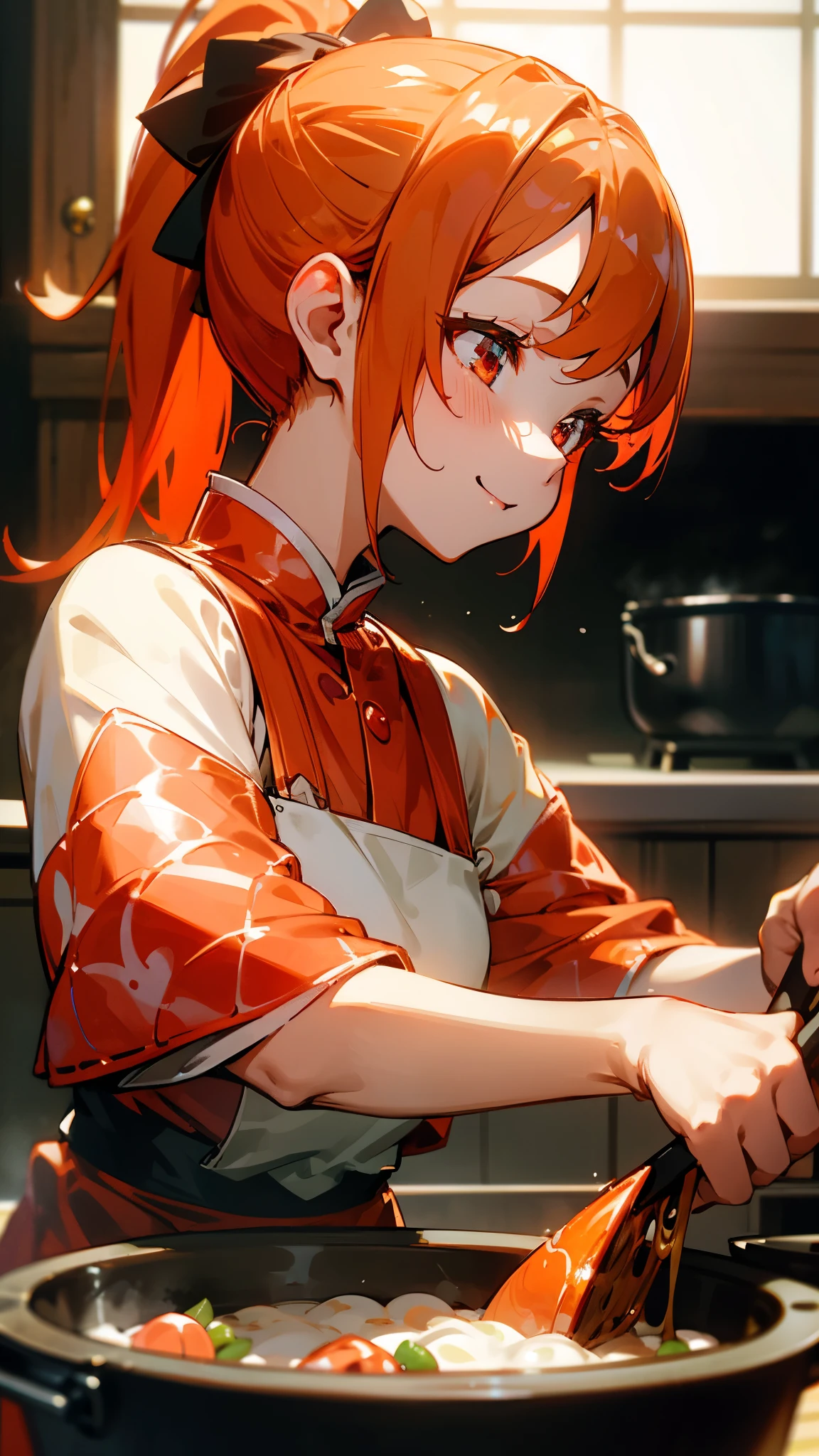 1 girl、8k、Sharp focus、(Bokeh) (highest quality) (Detailed skin:1.3) (Intricate details) (anime)、Cute shrimp woman cooking delicious food in the kitchen、Orange Hair、ponytail、Beautiful red eyes、smile、fun、profile、Upper body close-up