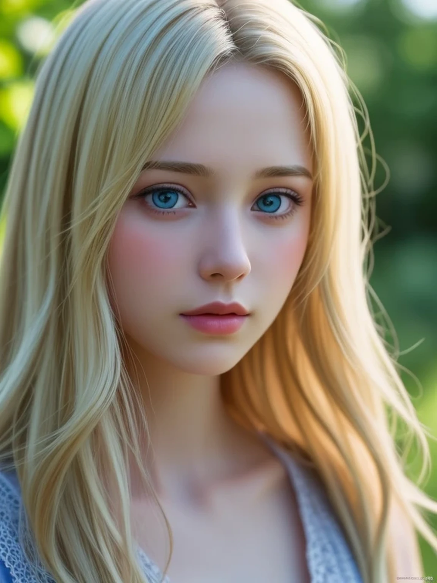 (looking away:1.4), (upper body shot:1.2), Realistic digital painting of a woman portrait, Shy,  Cute, open mouth to say something, sad, blue eyes,  (Wavy medium Hair:1.1), (Blonde Hair:1.3), (Highly detailed skin:1.2), Mystical style, Global Illumination,