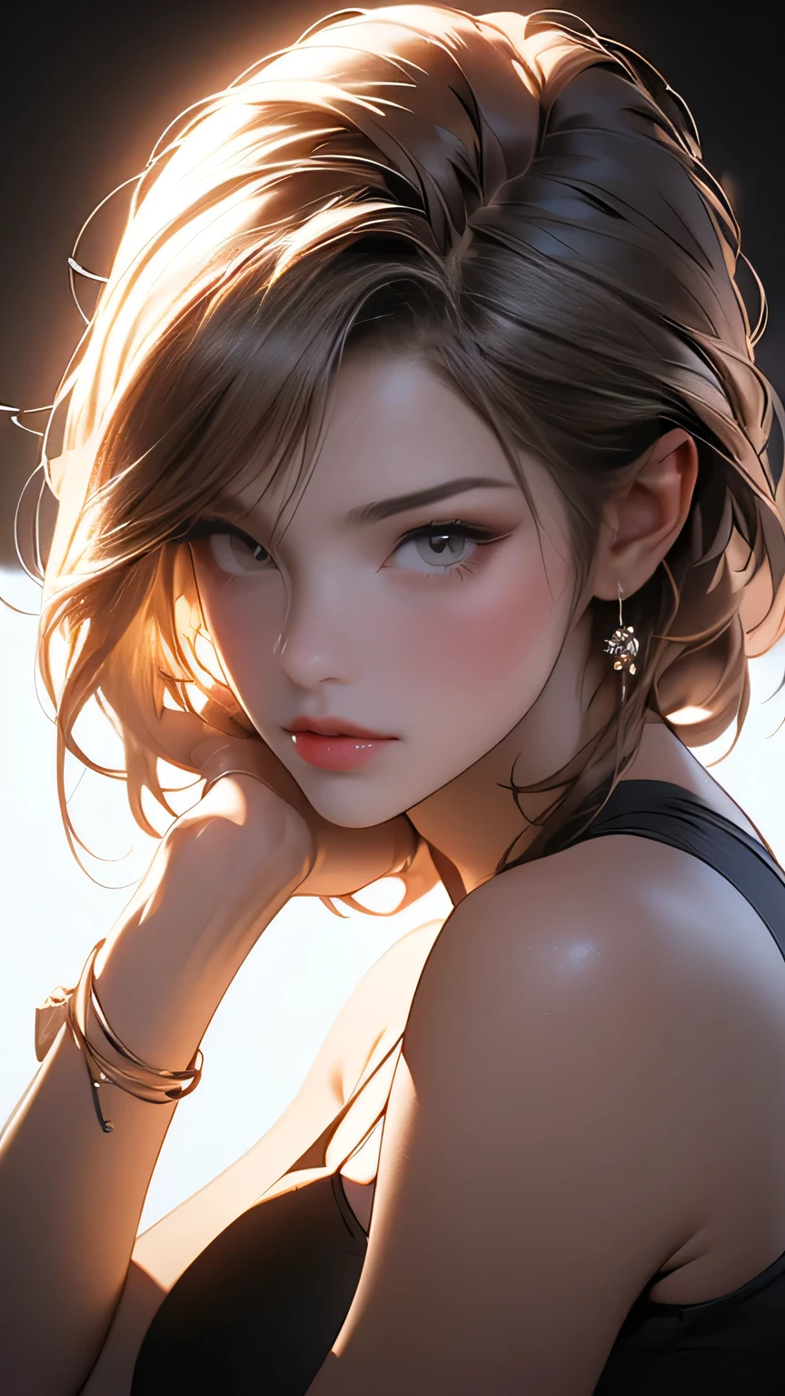 A woman wearing a semi-bikini set, Black and white bikini set, (((Bold pose using a chair))), ((Micro Panties)), Camel Toe, Blonde Short Hair, (front:1.5), (From below), (Beautifully detailed eyes), (Beautifully detailed face), (Very detailedな顔), ((Very detailed hand drawing:1.5)), ((Thick thighs)), (Beautiful body), (Wall thickness), (Pin spot on black background), (Gentle light), (Written boundary depth), (Very detailed), (Realistic))), 8k, wallpaper, masterpiece, 最high quality, high quality, High resolution､sexy, ((Face close-up))