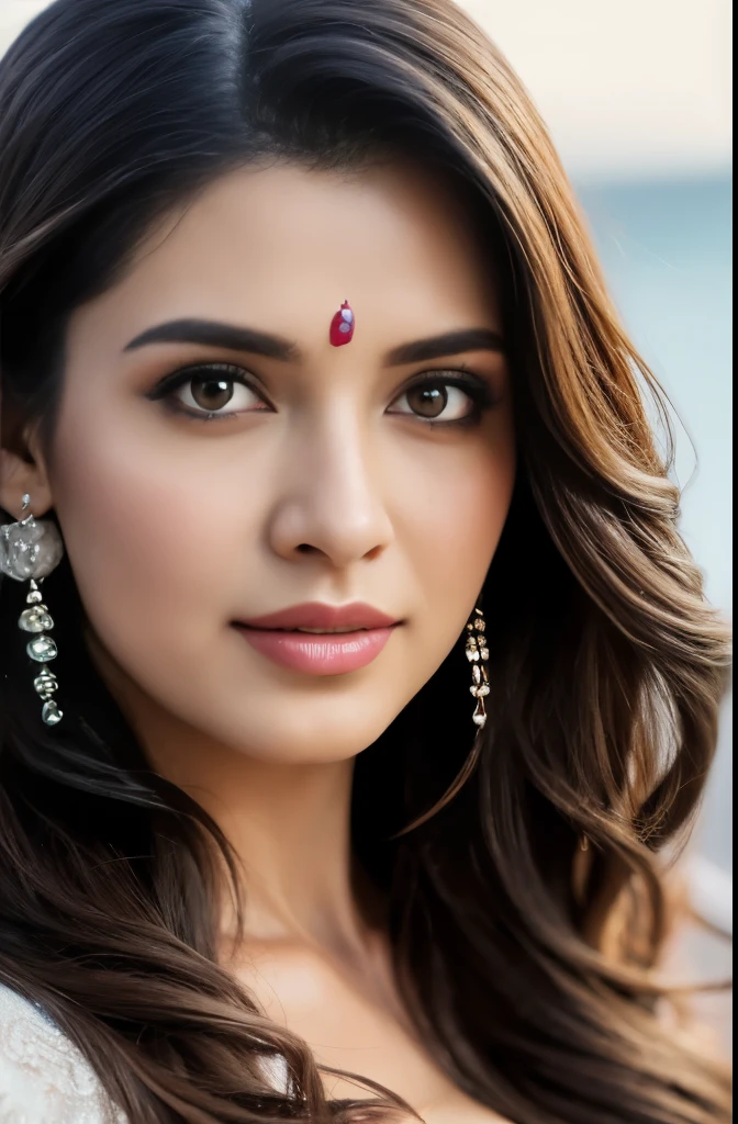 full portrait of A confident-looking indian woman with long flowing hair, hazel eyes, with flowing cape and white silk saree, wearing designer jewellery, tight breast, sitting on boat, ocean background, bokeh, perfect composition, hyperrealistic, super detailed, 8k, high quality, trending art, trending on artstation, sharp focus, outdoor photo shoot, intricate details, highly detailed, art by greg rutkowski