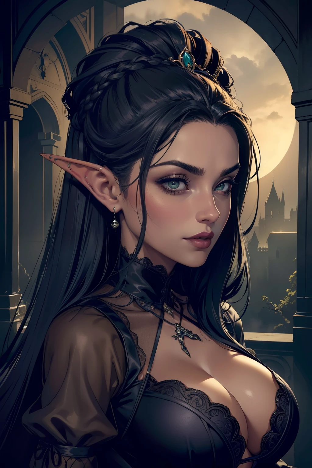 solo, (sophisticated victorian dress:1.0), ((masterpiece)),((high resolution)), ((best quality)), extremely fine and beautiful, super fine illustration, (realistic skin), (insanely detailed anime eyes), detailed face, vivid and beautiful, shocking sensation, incredibly detailed, beautiful detailed girl, supple breasts, front view, facing at viewer, black hair, (elf), medium long elf ears, (see-through:0.5), covered, ((black hair)), (very long hair), profile, sitting, plump breasts, plump thighs, wide hips, movie lighting, perfect shadow, realistic lighting shaded, (golden eyes), dark lips, (smoking), (hair with bangs), (full body), (big hips), (smiling), (golden eyes)