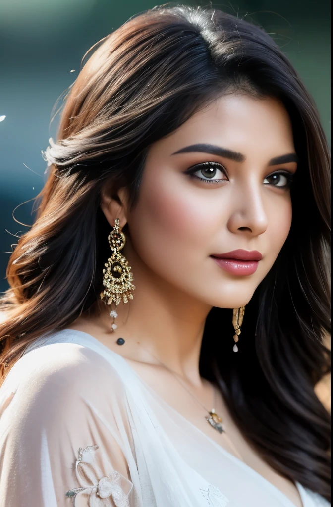 full portrait of A confident-looking indian woman with long flowing hair, hazel eyes, with flowing cape and white silk saree, wearing designer jewellery, tight breast, sitting on boat, ocean background, bokeh, perfect composition, hyperrealistic, super detailed, 8k, high quality, trending art, trending on artstation, sharp focus, outdoor photo shoot, intricate details, highly detailed, art by greg rutkowski