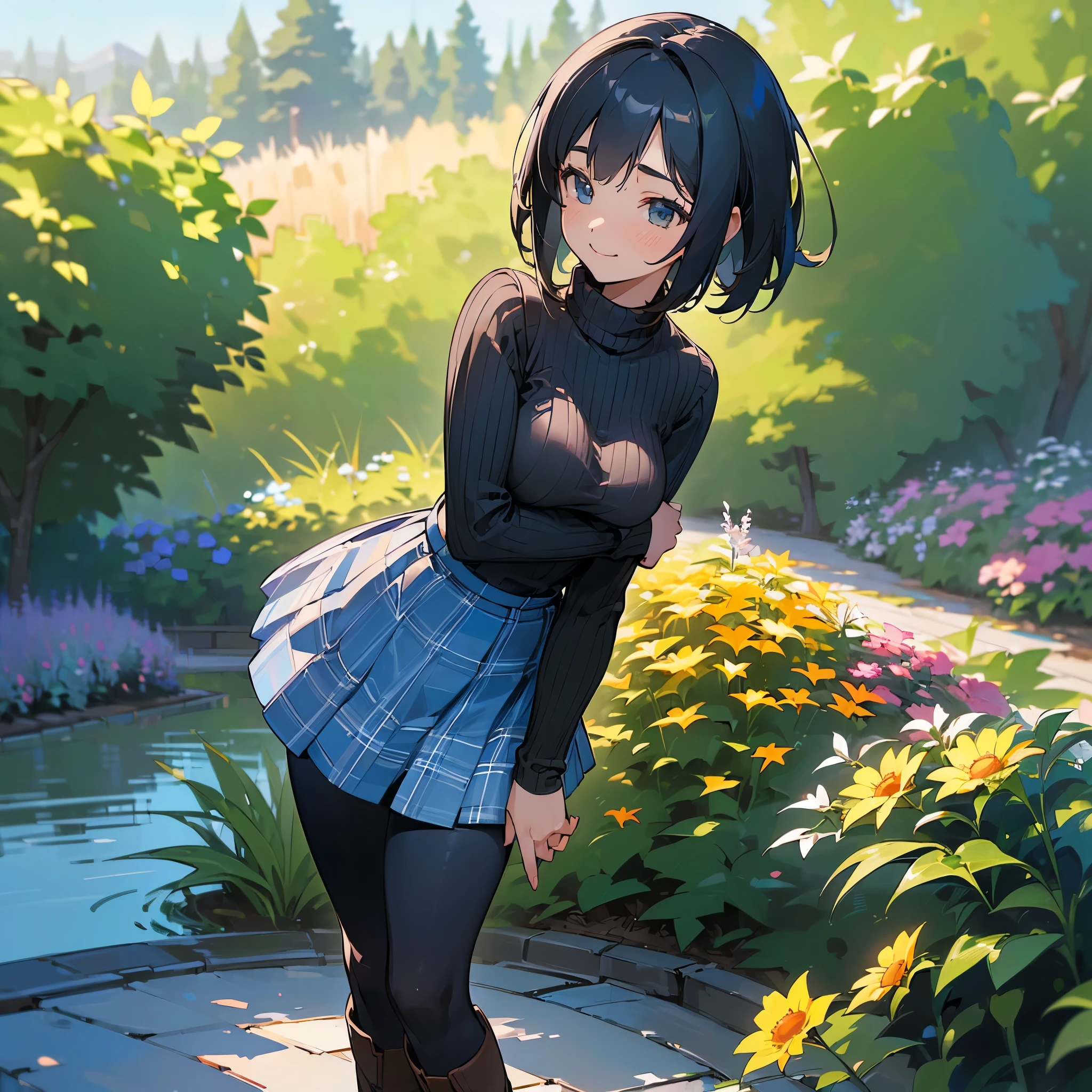 (high quality, High resolution, Very detailed, reality:1.37), Peaceful atmosphere, (Outdoor, garden), Teenage girl standing alone, (my breasts are big.), Beautiful details, Cute Smile, (Black bob hair), Ribbed sweater, Blue plaid skirt, Black tights, Brown boots.