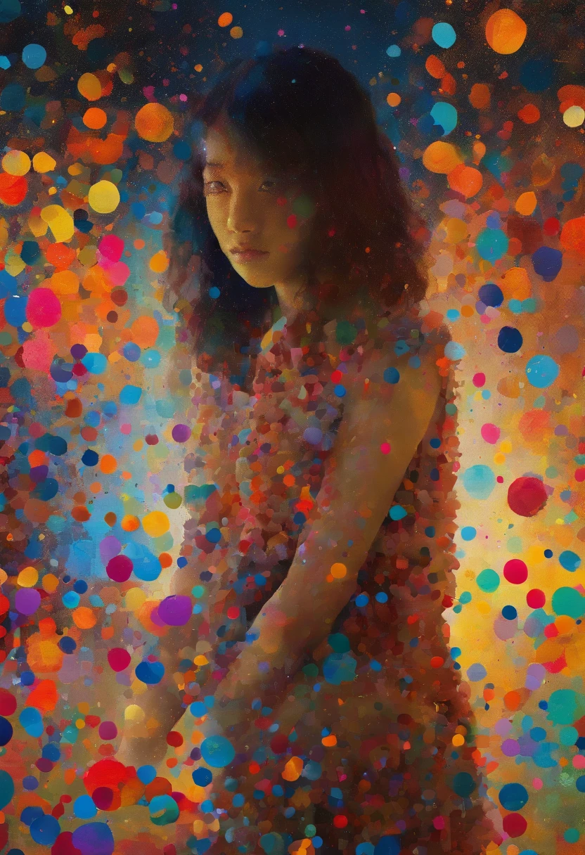 Absurd, High Resolution, Ultra-detailed, (1 girl:1. 2), Dot painting technique, Dotted shadows, intricate details, Small dots, Texture effects, subtle gradients, Fascinating craftsmanship, Infrared photography, Otherworldly tones, Surreal landscapes, Invisible light, ethereal glow, Vivid colors, Phantom effects